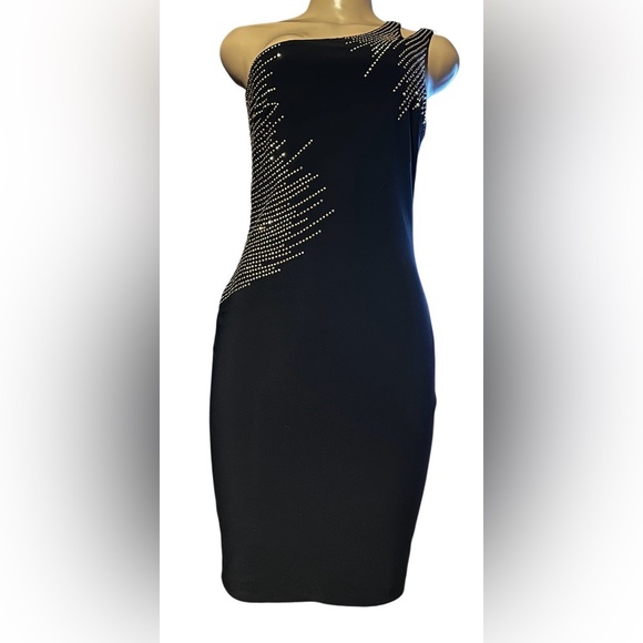 Cache Black One-Shoulder Size 6 Asymmetrical Pattern Rhinestone Embellishments - Picture 3 of 14